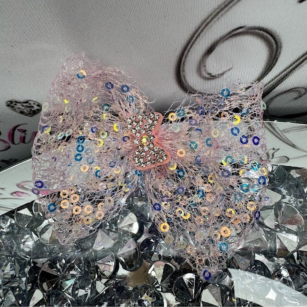 Sparkling Pink Bow Hair Clip sequins rhinestone crystal pink diamonds cute